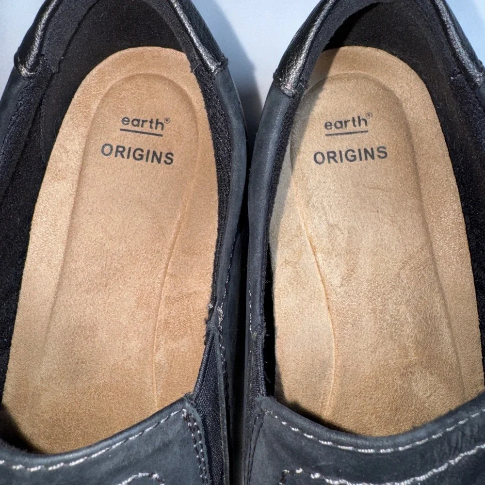 Earth Origins Tamara Teri Black Leather Slip On Loafers Women 10W Wide Comfort